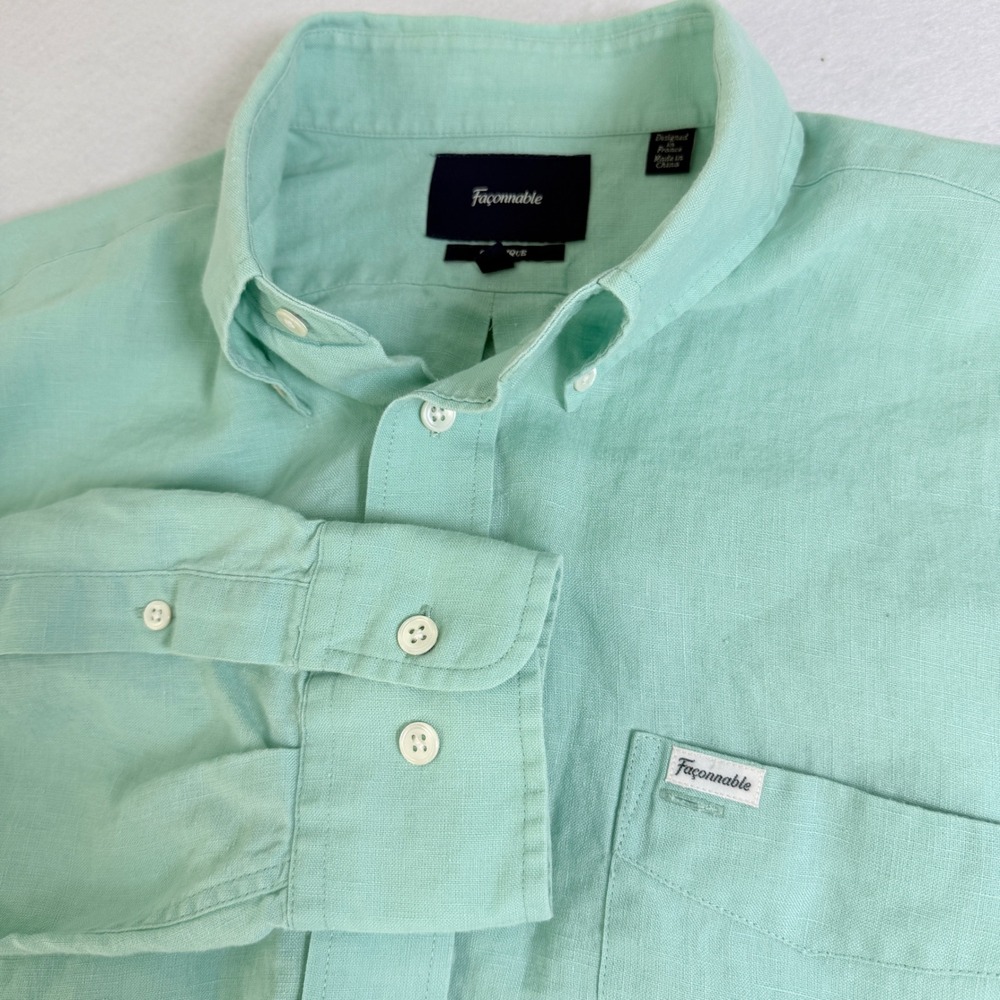 Façonnable Classique Linen Shirt Mens Large Mint Green Long Sleeve Button Down